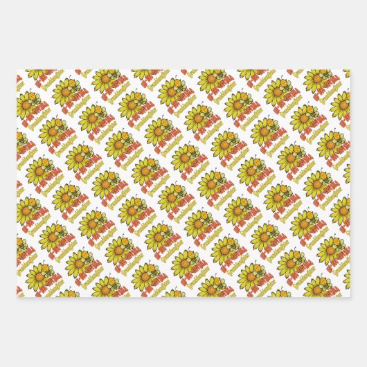 信じられない孫娘ひまわりの花とミツバチ ラッピングペーパーシート (正面)