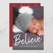 「信じる」スクリプト ベイビーのファーストクリスマス モダンな写真 シーズンカード (正面/裏面)