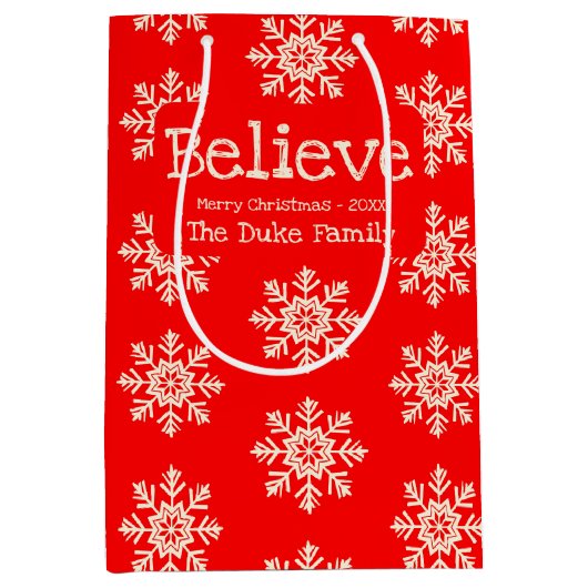 信じる | 雪の結晶パターン | 赤と白 ミディアムペーパーバッグ (正面)