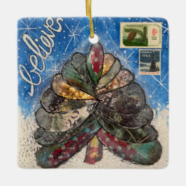 信じクリスマスツリーと切手 セラミックオーナメント