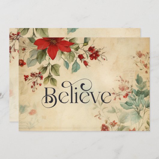 '信じ'クリスマスヴィンテージフローラクリスチャンフラット シーズンカード (正面/裏面)