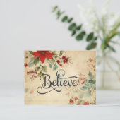 信じ'クリスマスヴィンテージポインセチア聖書の詩 シーズンポストカード (スタンド正面)