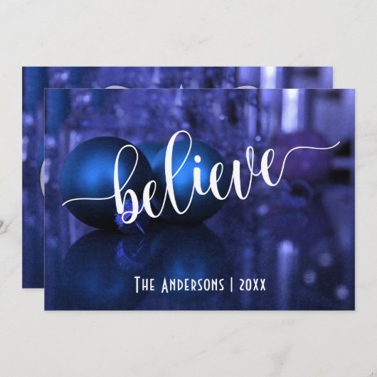 信じタイポグラフィと青と紫のオーナメント (正面/裏面)