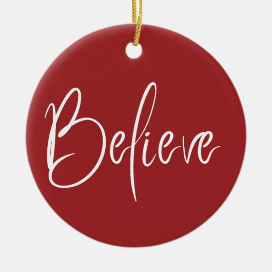 信じタイポグラフィ赤モダンホリデークリスマス セラミックオーナメント (正面)