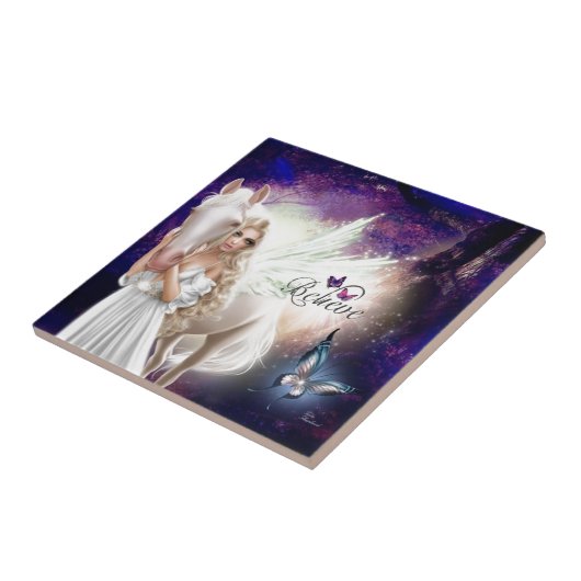 信じファンタジーフェアリー天使と白馬 タイル (側面)