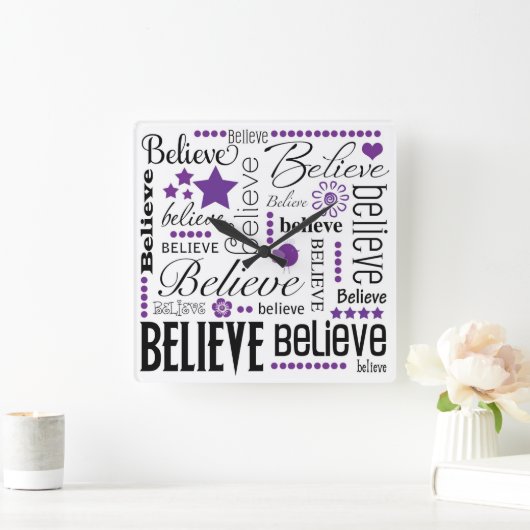 信じワーアート文字デザイン スクエア壁時計 (ホーム)