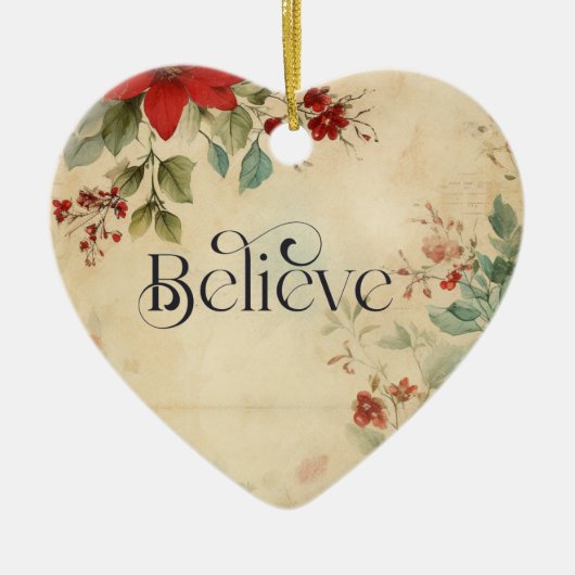 '信じ'ヴィンテージポインセチア聖書聖句 セラミックオーナメント (正面)