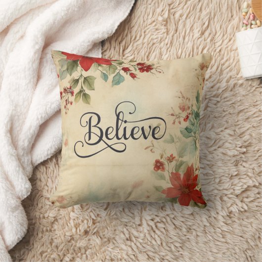 '信じ'ヴィンテージレッドポインセチアフローラクリスマス クッション (ブランケット)