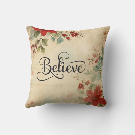 '信じ'ヴィンテージレッドポインセチアフローラクリスマス クッション (裏面)