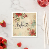 '信じ'ヴィンテージレッドポインセチアフローラクリスマス スタンダードカクテルナプキン (インサイチュ)