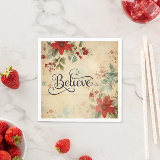 '信じ'ヴィンテージレッドポインセチアフローラクリスマス スタンダードカクテルナプキン (インサイチュ)
