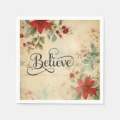 '信じ'ヴィンテージレッドポインセチアフローラクリスマス スタンダードカクテルナプキン (正面)