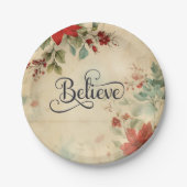 '信じ'ヴィンテージレッドポインセチアフローラクリスマス ペーパープレート (正面)