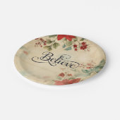 '信じ'ヴィンテージレッドポインセチアフローラクリスマス ペーパープレート (アングル)