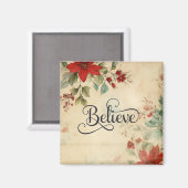 '信じ'ヴィンテージレッドポインセチアフローラクリスマス マグネット (正面/裏面)