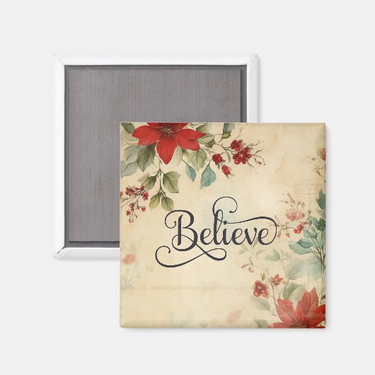 '信じ'ヴィンテージレッドポインセチアフローラクリスマス マグネット (正面/裏面)