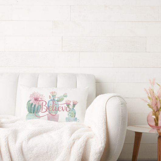 信じ引用文グリーンサボティピンク多肉花 ランバークッション (ソファ)