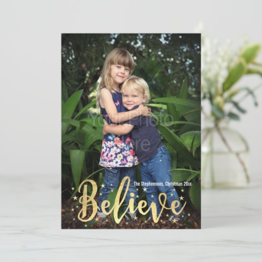 信じ書金ゴールドのクリスマスフォトグリーティングカード シーズンカード (スタンド正面)