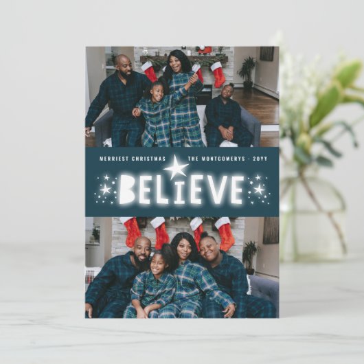 信じ白熱［赤熱］光を放つ星の宗教的なクリスマス2写真 シーズンカード (スタンド正面)