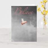 信じ豚飛んでいるグリーティングカード カード (黄色い花)