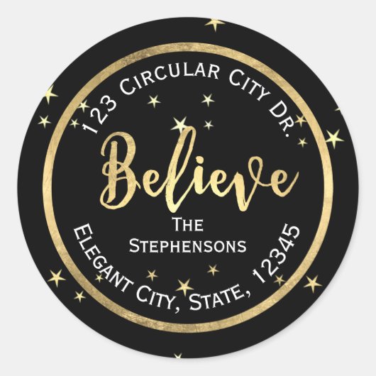 信じ金ゴールド星クリスマス差出人住所ラベル ラウンドシール (正面)