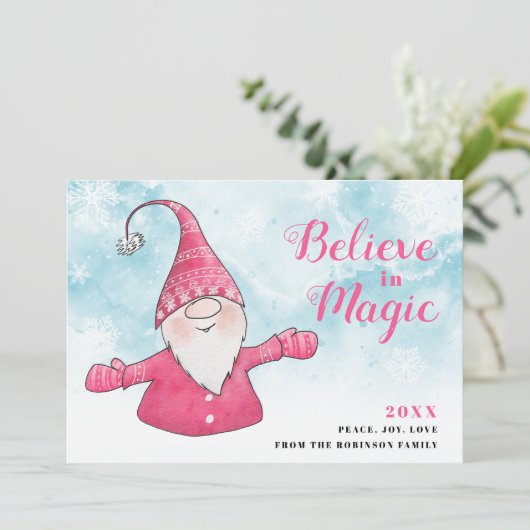 信じ魔法ピンク格言スノーウィーブルークリスマス シーズンカード (スタンド正面)