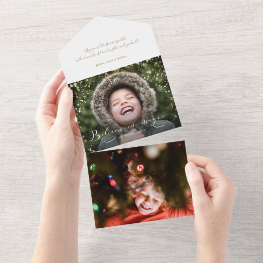 信じ魔法書道と金ゴールドのキラキラ写真 オールインワン招待状 (貼ってはがせる)