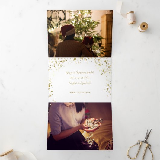 信じ魔法書道と金ゴールドのキラキラ 三つ折りクリスマスカード (内部)