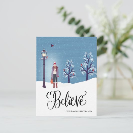 信じ |冬の(鳥)ショウジョウコウカンチョウ シーズンポストカード (スタンド正面)