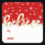 信じChristmas Red手書きギフトラベル スクエアシール<br><div class="desc">雪モダンをかぶった手書きスクリプト文字休日のパーソナライズされたレタリングからギフトラベルのシール。</div>