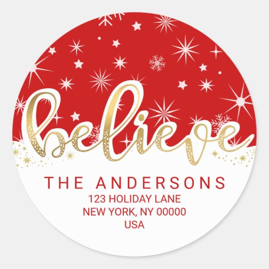 信じChristmas Red金ゴールドスクリプト差出人住所 ラウンドシール (正面)