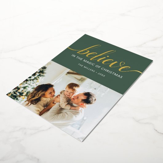 信じChristmas Script Photo Green 箔シーズンカード (回転した状態)
