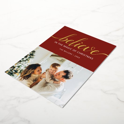 信じChristmas Script Photo Red 箔シーズンカード (回転した状態)