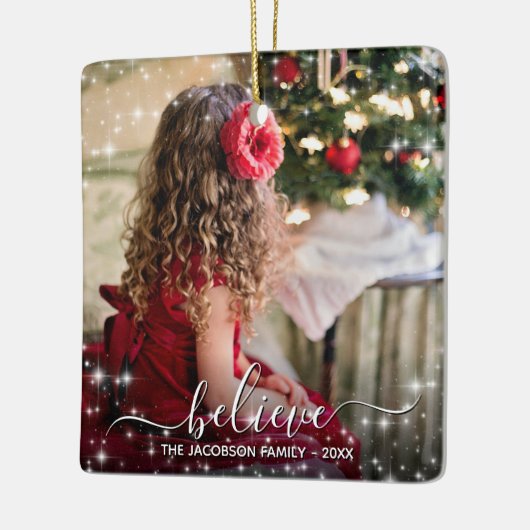 信じChristmas Sparklesフォトオーバーレイかわいらし セラミックオーナメント (左)