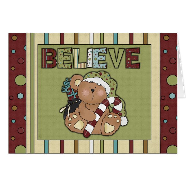 信じChristmas Teddy Bearグリーティングカード (正面横)
