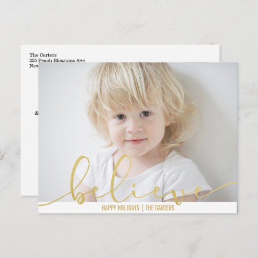 信じHOLIDAYフェイク金ゴールド手書き文字スクリプトPHOTO シーズンポストカード (正面/裏面)