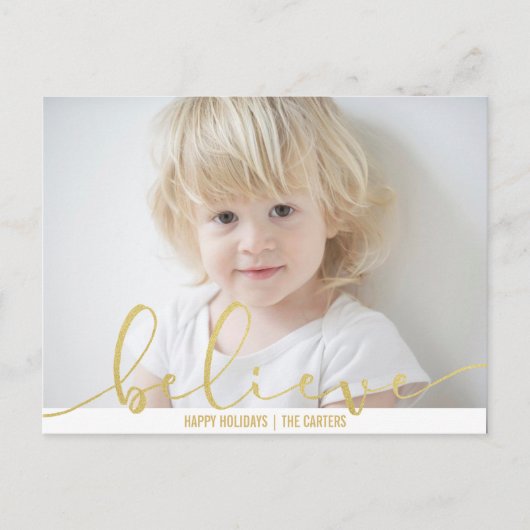 信じHOLIDAYフェイク金ゴールド手書き文字スクリプトPHOTO シーズンポストカード (正面)