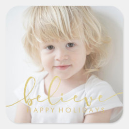 信じHOLIDAYフェイク金ゴールド手書き文字スクリプトPHOTO スクエアシール