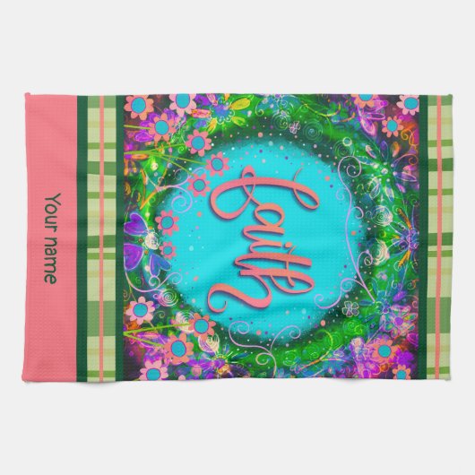 信仰かわいらしフローラあなたの名前のplaidスタイリッシュ キッチンタオル (横)