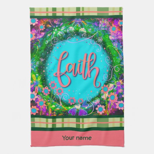 信仰かわいらしフローラあなたの名前のplaidスタイリッシュ キッチンタオル (縦)