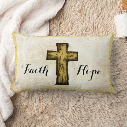 信仰と希望の茶色の木製クロスのシンボル ランバークッション (ブランケット)