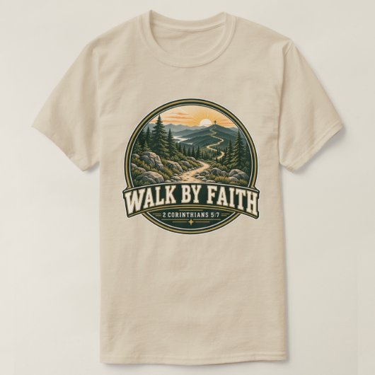 信仰によって歩む 山道 Ⅱコリント 5:7 Tシャツ (デザイン正面)