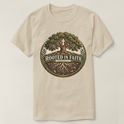 信仰に根ざした木 コロサイ2:7 Tシャツ (デザイン正面)