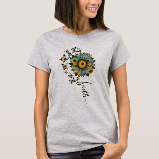 信仰のひまわりと蝶 キリスト教 Tシャツ (正面)