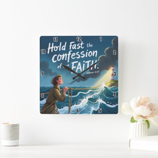 信仰の告白を固く守りなさい。ヘブル人への手紙第10章23節 スクエア壁時計 (ホーム)