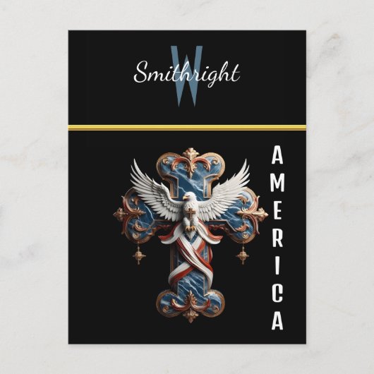 信仰の威厳:鷲が十字架の上に舞う ポストカード (正面)