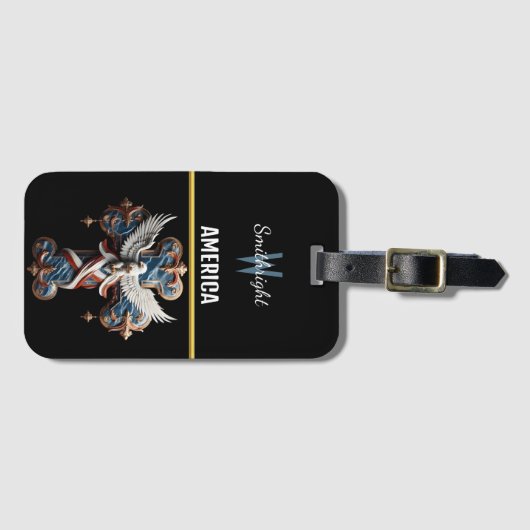 信仰の威厳：鷲が十字架の上に舞う ラゲッジタグ (正面横)