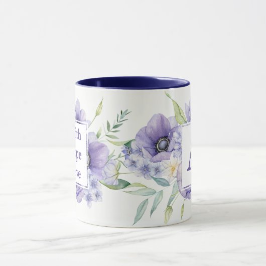 信仰の希望の愛と水色の花モノグラム マグカップ (中央)