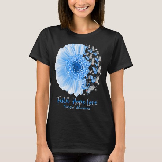 信仰の希望ひまわり蝶の糖尿病アウェア Tシャツ (正面)