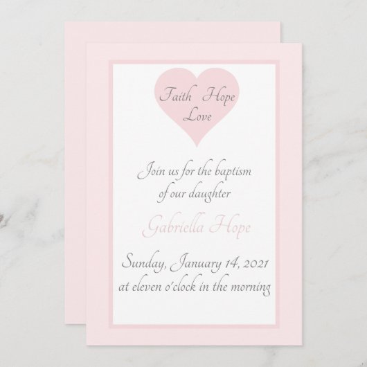『信仰の希望エレガント』恋のハートピンクガールバプテスマ 招待状 (正面/裏面)